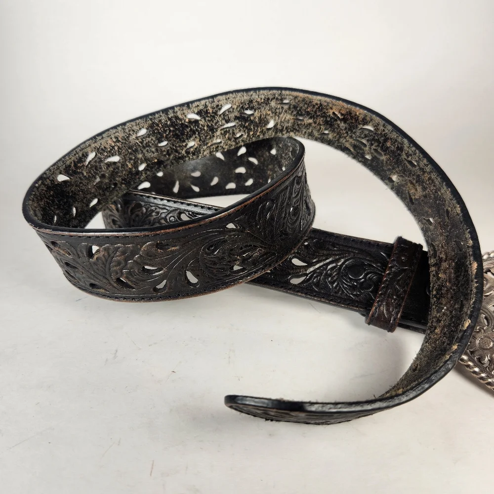 TONY LAMA Pierced Filagree Belt Size 36 Black Leather Cut Out Silver Buckle - Picture 8 of 10